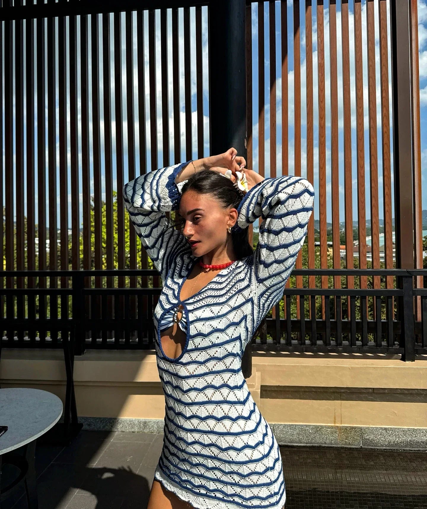 Boho Striped Chic V-neck Cut Out Bell Sleeve Knit Dress 2025 Summer Women Seaside Holiday Mini A-Line Dress K123
