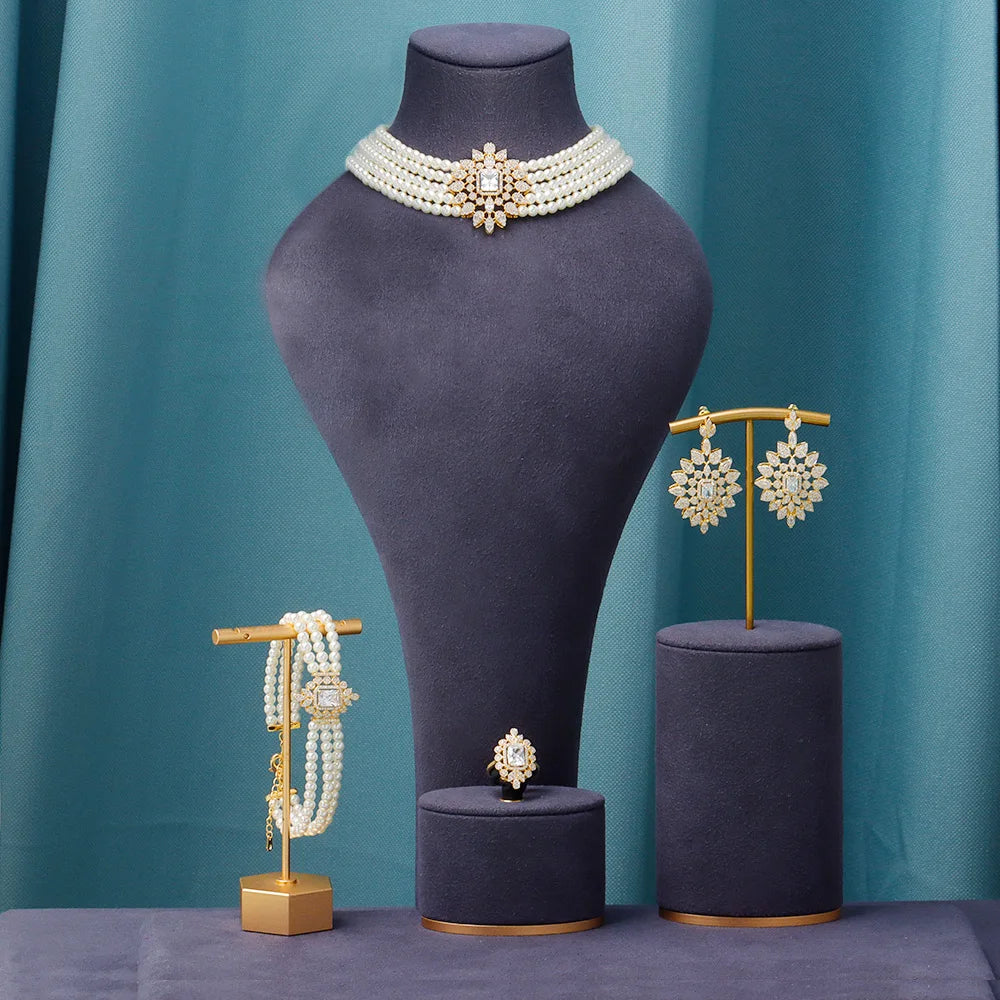 Gorgeous 5 Layered Imitation Pearl Choker with Planet Pendant Necklaces Bracelet Zircon 4PCS Jewelry Set for Women Wedding