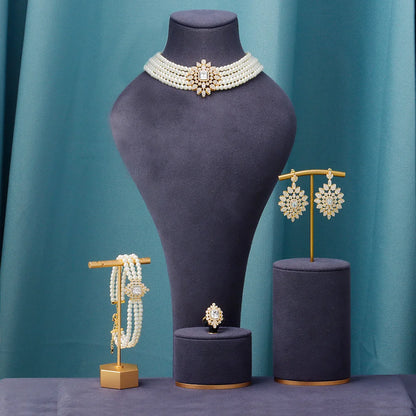Gorgeous 5 Layered Imitation Pearl Choker with Planet Pendant Necklaces Bracelet Zircon 4PCS Jewelry Set for Women Wedding
