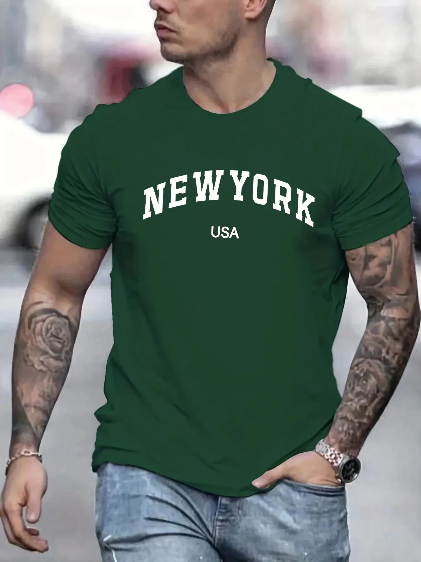 Men's 100 cotton summer fashionable casual loose plus size new York Usa printed slim fit sports round neck short sleeved T-shirt