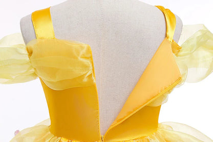 Beauty Belle Princess Cosplay Dress Girl Yellow Floral Off Shoulder Mesh Kid LED Light Halloween Costume Birthday Surprise Gift