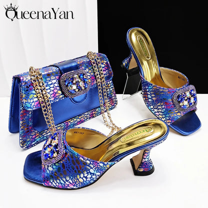 Fashion Newest Arrival Orange Color Square Toe Women Sandals Shoes Matching Bag Set for Ladies Wedding Party Pump