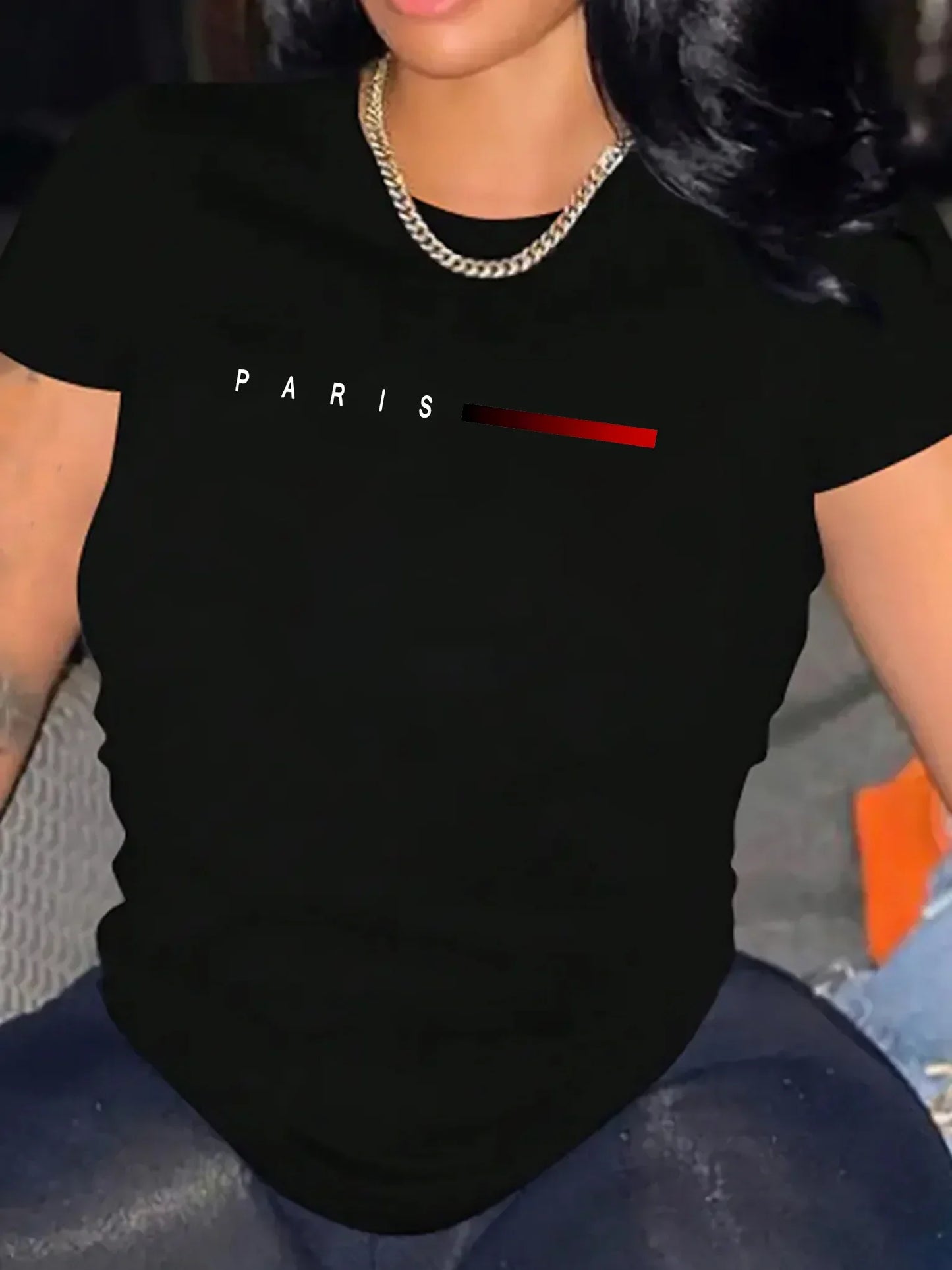 Short Sleeve Tee - Polyester Spandex Blend - Medium Stretch Knit Fabric Women's Paris Letter Print T-Shirt