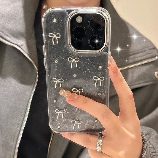 INS Korea Glitter 3D Silver Bow Beads Phone Case For iPhone 16 15 14 13 12 11 17 Pro Max 7 8 Plus X Epoxy Shell Girl Clear Cover