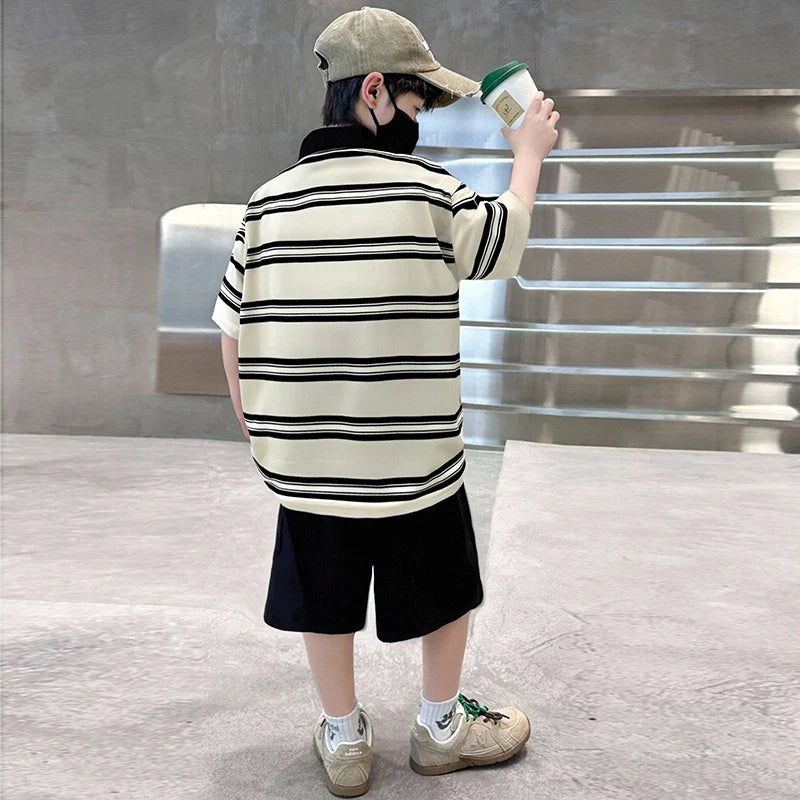 2025 New Kids Boys Cotton Top and Bottom Clothing Set for Child Stripe Polo Shirt + Shorts Two Pieces Summer Outfit Clothes Set