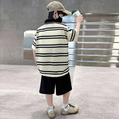 2025 New Kids Boys Cotton Top and Bottom Clothing Set for Child Stripe Polo Shirt + Shorts Two Pieces Summer Outfit Clothes Set