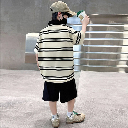 2025 New Kids Boys Cotton Top and Bottom Clothing Set for Child Stripe Polo Shirt + Shorts Two Pieces Summer Outfit Clothes Set