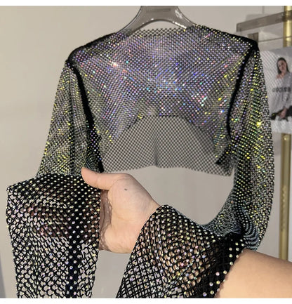 new sexy bright diamond short top Slim thin Ms. hot drill long-sleeved T-shirt sexy leak waist nightclub