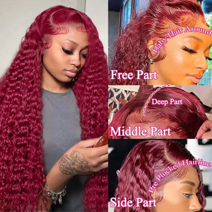 13x6 99j Burgundy Lace Front Wigs Human Hair Deep Wave 250 Density Transparent Frontal Wigs Pre Plucked Red Curly Wigs for Women