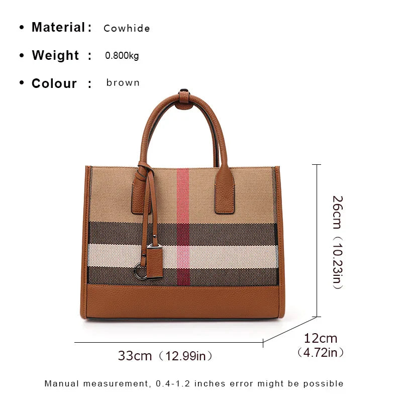 Fashion Plaid Canvas Women's Handbag Classic Versatile Large Capacity Cowhide Single Shoulder Crossbody Bag