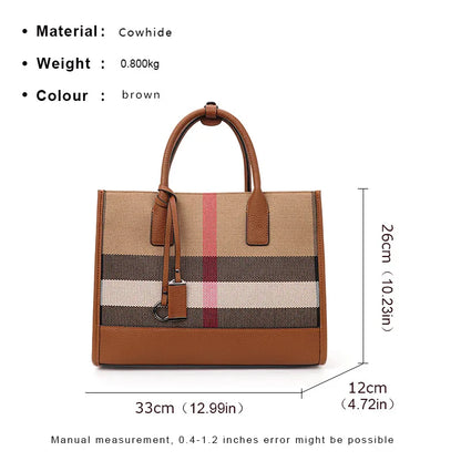 Fashion Plaid Canvas Women's Handbag Classic Versatile Large Capacity Cowhide Single Shoulder Crossbody Bag