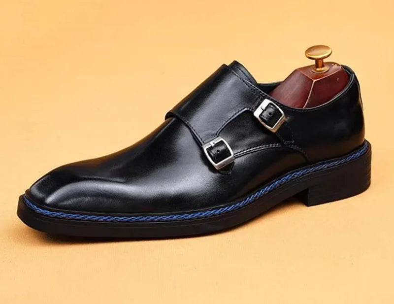 High-end Cowhide Leather Shoes For Men Square Toe Double Monk Strap Shoes Mens Dress Shoes Slip On Business Formal Shoes
