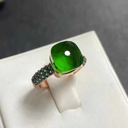 Emerald Ring for Women Green Zircon Inlay Rose Gold & Black Gun Plated 30 Colors Candy Crystal Style Jewelry Birthday Gift
