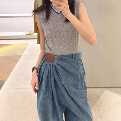 Wide Leg Denim Jeans Women Fashionable Drapey Floor-Length Pants