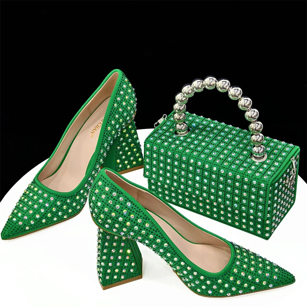Nigerian Heel Party for Women Yellow Shoes and Bag Set Rhinestone Handbag Italian Design Wedding