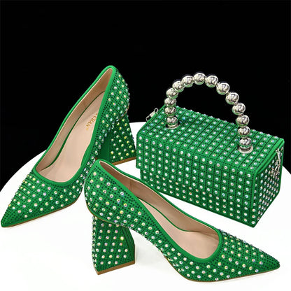 Nigerian Heel Party for Women Yellow Shoes and Bag Set Rhinestone Handbag Italian Design Wedding