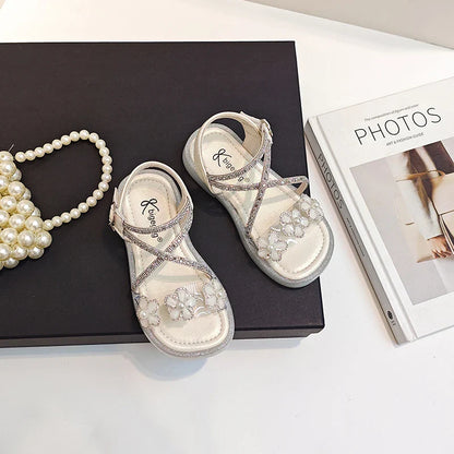 Girls Princess Sandals Children Summer Beach Shoes Soft Bottom Anti-slippery Fashion Kids Flowers Rhinestone Sandals Size 23-36