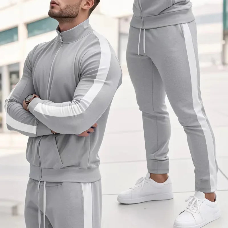 2025 Spring Autumn Men's 2-Piece Set Color Blocking Zipper Stand Collar Casual Sports Jacket Sweatshirt Trousers Suit