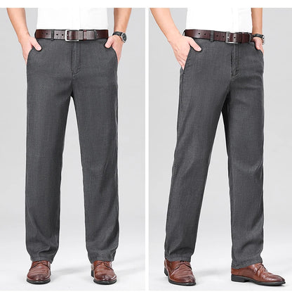 2024 New Men's Summer Thin Jeans Loose Stretch Large Size Ice Silk Straight Pants Elite Business Casual Pants Smoke Gray Blue