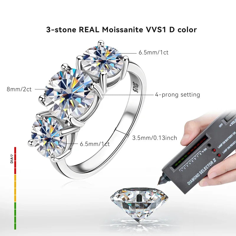 925 Silver Ladies Fashion Engagement Rings Round Cut 6.5mm/8mm Moissanite Three Stone Ring for Women Wedding Jewelry