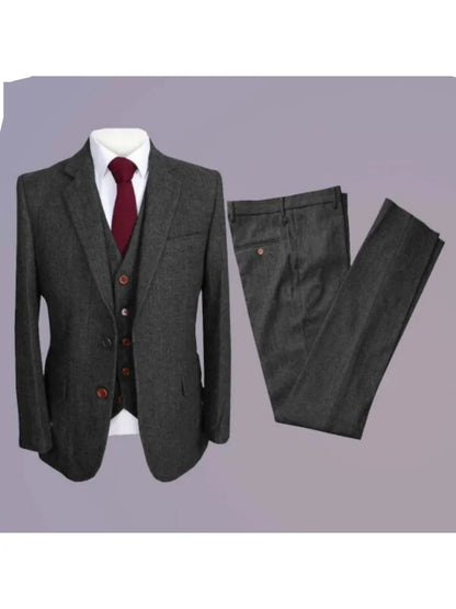Navy Blue 3 Pieces Mens Business Suits Wool Classic Herringbone Pattern Groom Tweed Tuxedos for Wedding (Blazer+Pants+Vest)