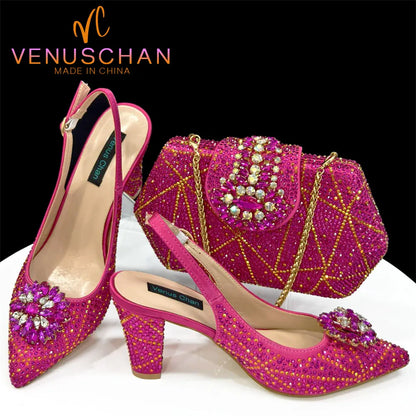 INS Style Green Party Shoe and Bag Set in Women Pointed-Toe Rhinestone High Heels Elegant African Ladies Shoes
