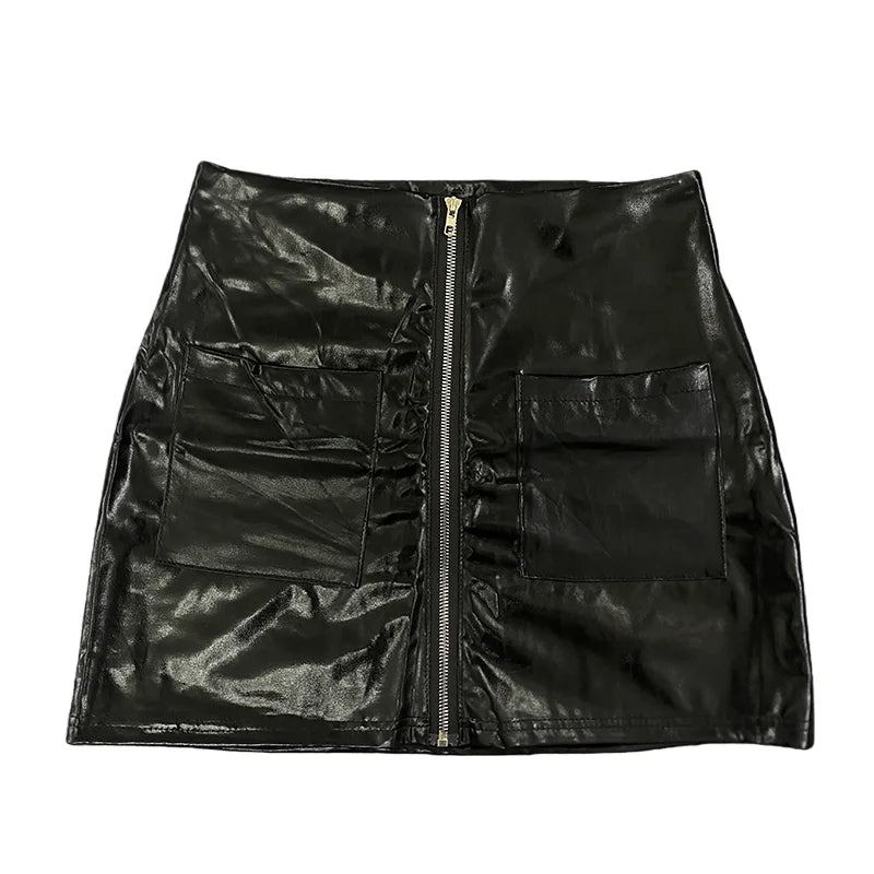 Women's Spring Casual PU Leather Short Skirt Black Mini Sexy Versatile Double Pocket Decoration Fashionable Spring Wear