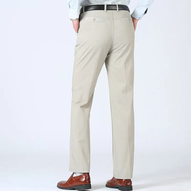 Summer Thin 100% Cotton Pants Mens Autumn Thick Suit Pant Slacks High Waist Straight Loose Bland Solid Business Casual Pants