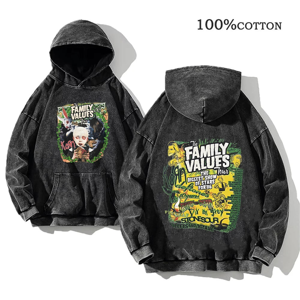 World Tour Hoodies Vintage Washed Men's Sweatshirts Cotton Hip Hop Streetwear Hooded Pullover Loose Y2K Tops