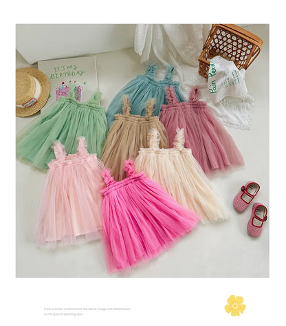 1-6 Y Girls Dresses  3D Flower A Line Dress for Girls Sleeveless Camisole Mesh Dress