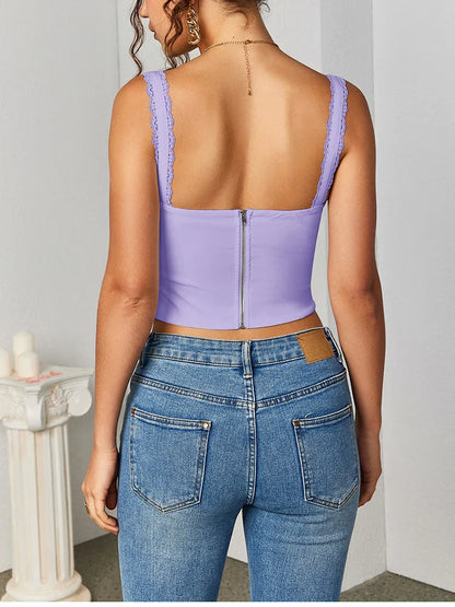 Women's Sleeveless Spaghetti Strap Lace Crop Corset Top Backless Double Layer Fashion Casual Party Cami Bustier Tops