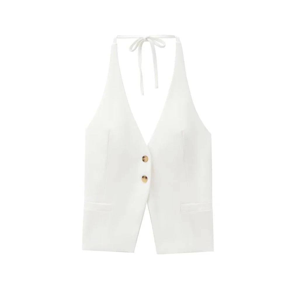 Front Button Tank Tops for Women, Tied Halter Neck, Backless, Female Camis, Sexy Fashion