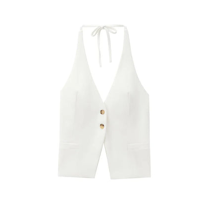 Front Button Tank Tops for Women, Tied Halter Neck, Backless, Female Camis, Sexy Fashion