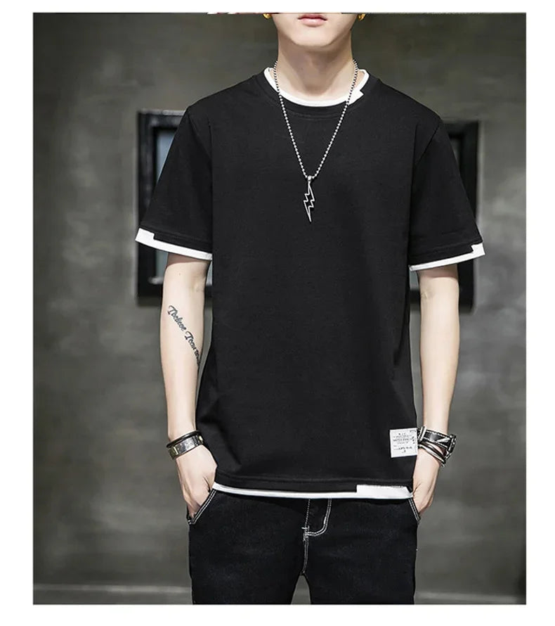 Classic Fake Two Short Sleeved Men's Pure Cotton T-shirt, Men's Summer Men's Interior Matching Trendy Brand T-shirt