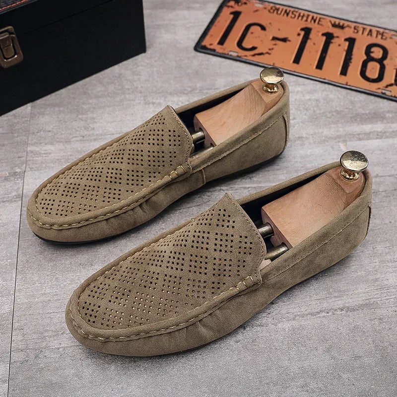 Summer Suede Men Casual Shoes Outdoor Breathable Lightweight Leather Mens Walking Shoes Anti Slip Lightweight Driving Shoes