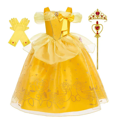 Girls Cosplay Belle Princess Dress for Kids Beauty and The Beast Costumes Children Birthday Party with Flower Clothes