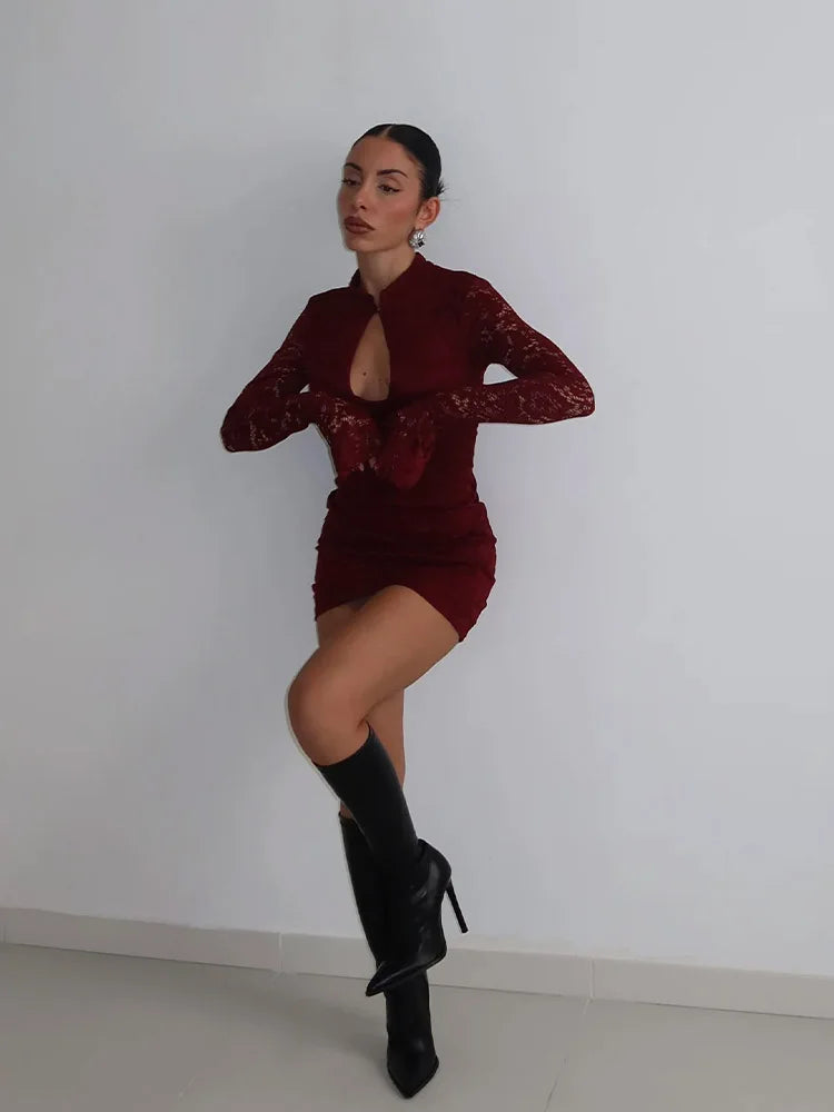 Sexy Lace Women's Mini Dresses Solid Sheer Hollow Out Turtleneck Long Flare Sleeves Sheath Bodycon Streetwear Vestidos
