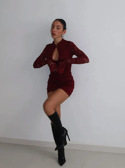 Sexy Lace Women's Mini Dresses Solid Sheer Hollow Out Turtleneck Long Flare Sleeves Sheath Bodycon Streetwear Vestidos