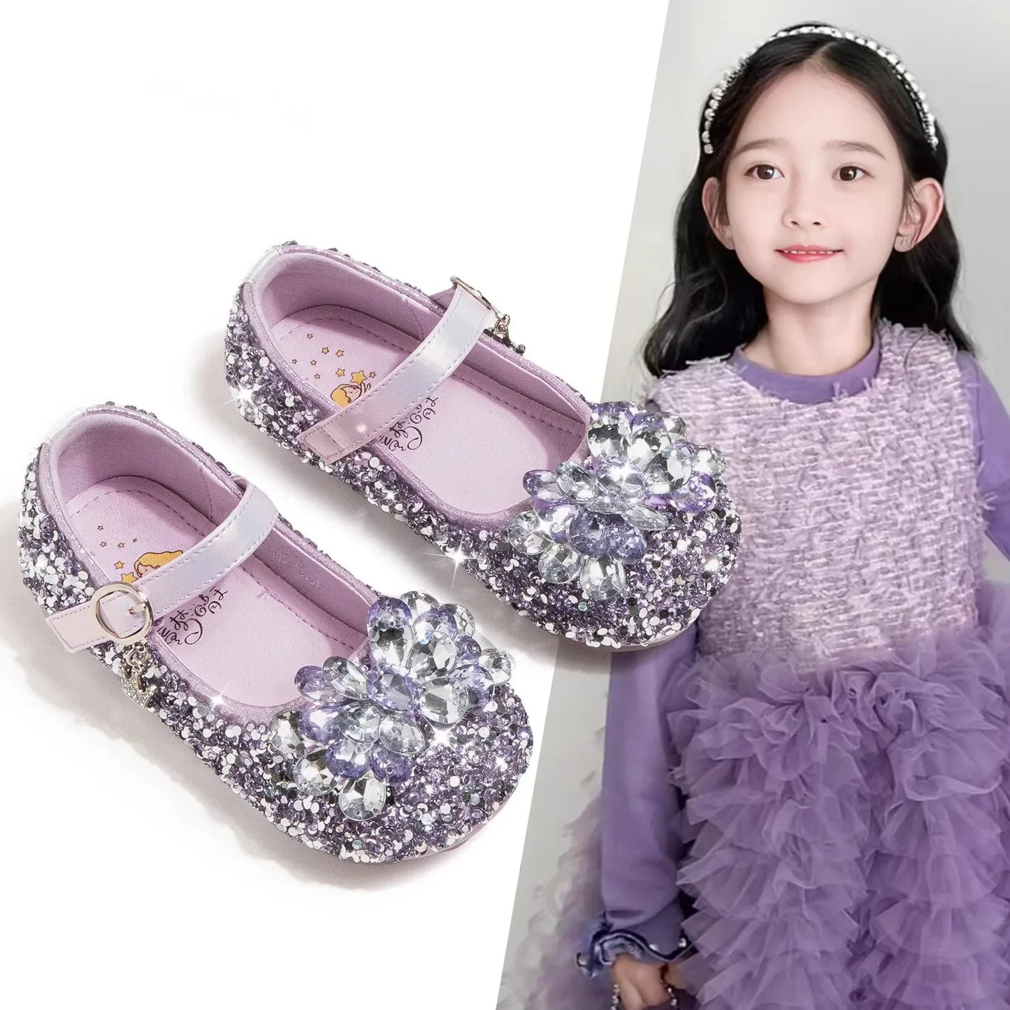 Girls Crystal Slip-On Shoes Soft Bottom Rhinestone Princess Flats Spring Autumn New Style Kids Lightweight Sweet Leather Shoes