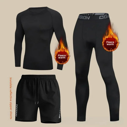 Men's Thermal Plush Base Layer Set Winter Thickened Running Trainning Quick Drying Clothes Fitness Tight Sports Men's Sweats Set