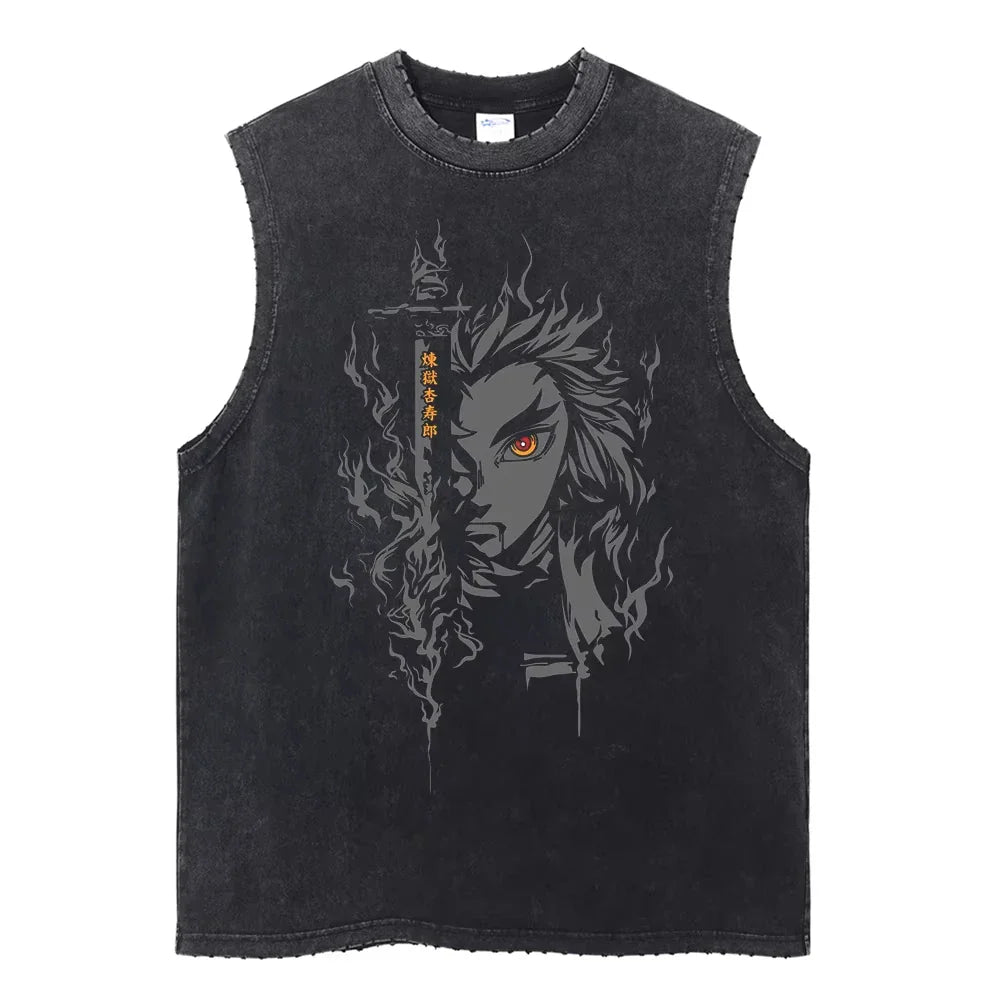 Anime Demon Slayer Printed Men's Tank Tops Summer Y2k Washed Cotton Vintage Gym Vest Women's Casual Sleeveless Shirts Steetwear
