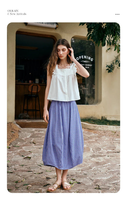 Women's Summer 2026 Midi Elastic Waistband Skirt Elegant Office Ladies Blue Plaid BUD Skirt Female Clothes O57XB99598