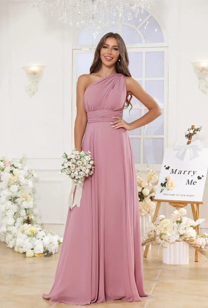 Vestidos de Daminha de Um Ombro para Mulheres Vestido de Noite Formal Longo de Chiffon Plissado Vestidos de Madrinha para Casamentos