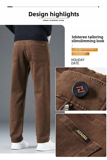 2026 Autumn Winter New Trendy Classic Jeans Male Solid Color Washed Straight Denim Pants Wide Leg Business Casual Stretchy Jeans