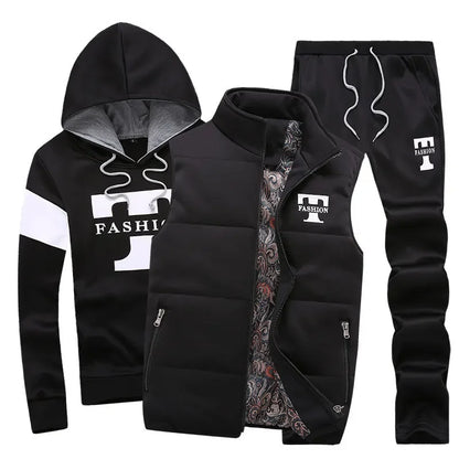 3 Pieces Set Hoodies+Vest+Pants Casual Track Suit Clothing Coats Winter Thick Warm Tracksuit for Couple Printed Mens Set Vest