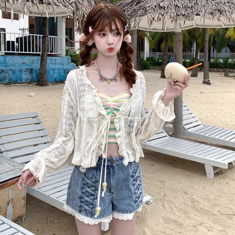 Fashion Sweet Denim Shorts Cartoon Embroidery Lace Patchwork High Waist Jeans Summer All Match Preppy Style 2025 Women Clothing