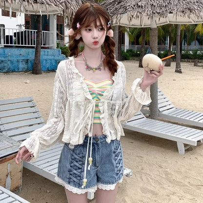 Fashion Sweet Denim Shorts Cartoon Embroidery Lace Patchwork High Waist Jeans Summer All Match Preppy Style 2025 Women Clothing