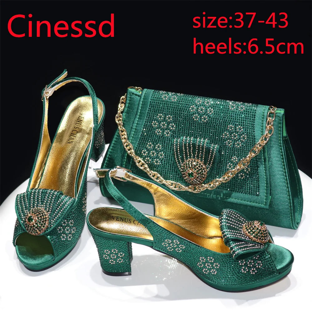 Square Heels with Platform Peach Color Nigeian Women Shoes and Bag Set Full Crystal Pumps for Christmas Dinner