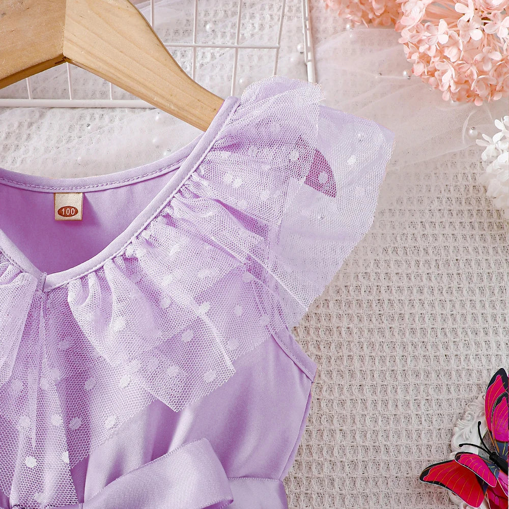 Toddler Girls' Pink Polka Dot Mesh Dress - Flutter Sleeves, Big Bow Waist, Sweet Spring & Summer Princess Dress