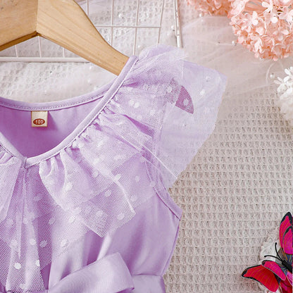 Toddler Girls' Pink Polka Dot Mesh Dress - Flutter Sleeves, Big Bow Waist, Sweet Spring & Summer Princess Dress